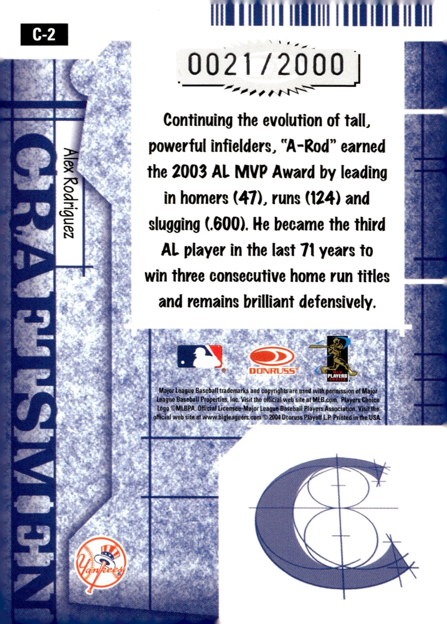 Alex Rodriguez 2005 Donruss Craftsmen 0021/2000 #C - 2 - Collector Store LLC