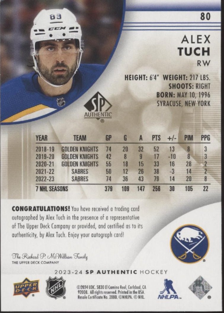 Alex Tuch 2023 - 24 Upper Deck SP Authentic Limited Auto #80 - Collector Store LLC