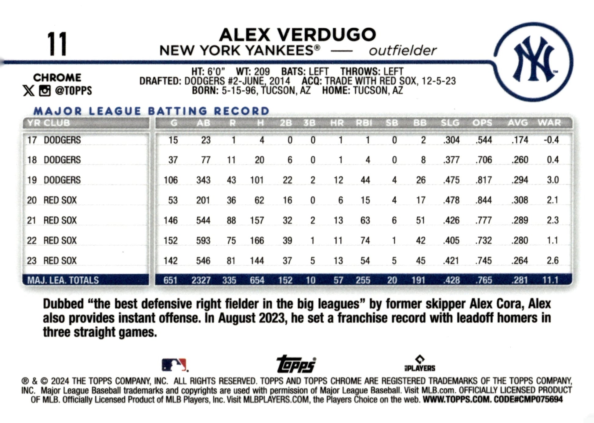 Alex Verdugo 2024 Topps Chrome Purple Sonar Refractor 213/275 #11 - Collector Store LLC
