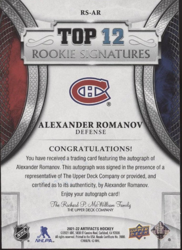 Alexander Romanov 2021 - 22 Upper Deck Artifacts Top 12 Rookie Signatures RC Auto - Collector Store LLC