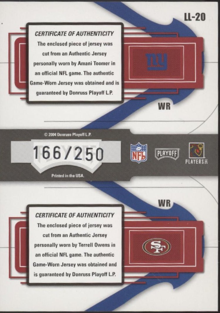 Amani Toomer / Terrell Owens 2004 Playoff Prestige League Leaders Swatch 166/250 - Collector Store LLC