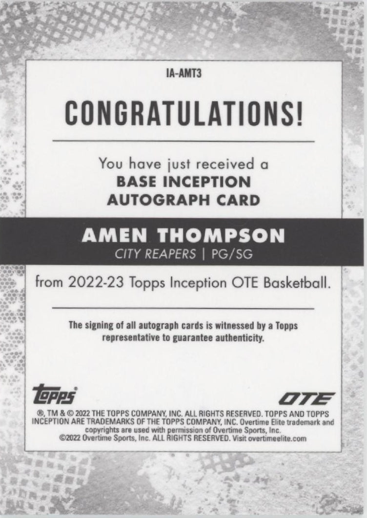 Amen Thompson 2022 - 23 Topps Inception Overtime Elite Auto 192/199 #IA - AMT3 - Collector Store LLC