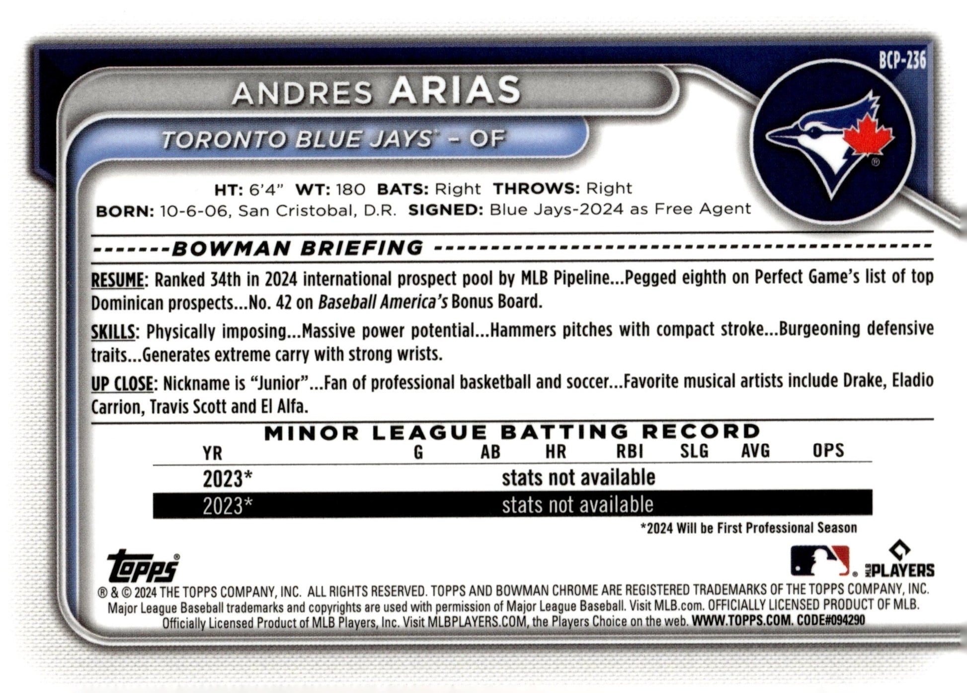 Andres Arias 2024 Bowman Chrome Mojo Refractor #BCP - 236 #2 - Collector Store LLC