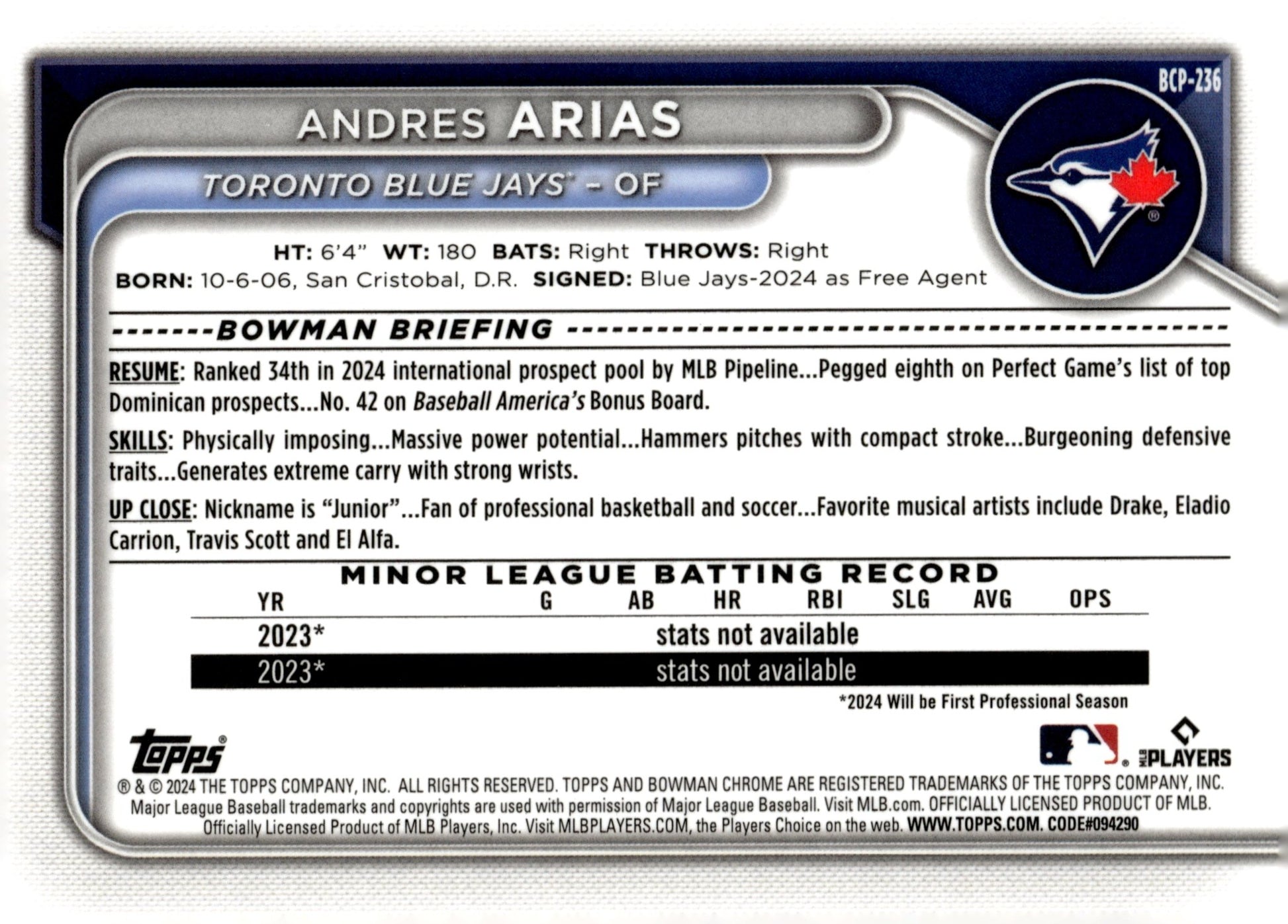Andres Arias 2024 Bowman Chrome Mojo Refractor #BCP - 236 #3 - Collector Store LLC