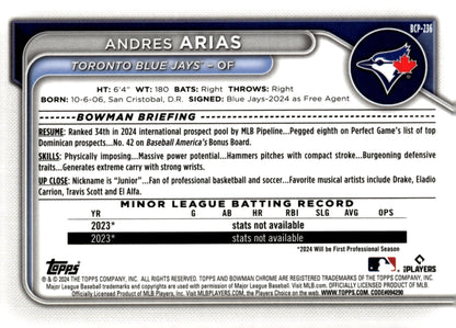 Andres Arias 2024 Bowman Chrome Mojo Refractor #BCP - 236 #3 - Collector Store LLC