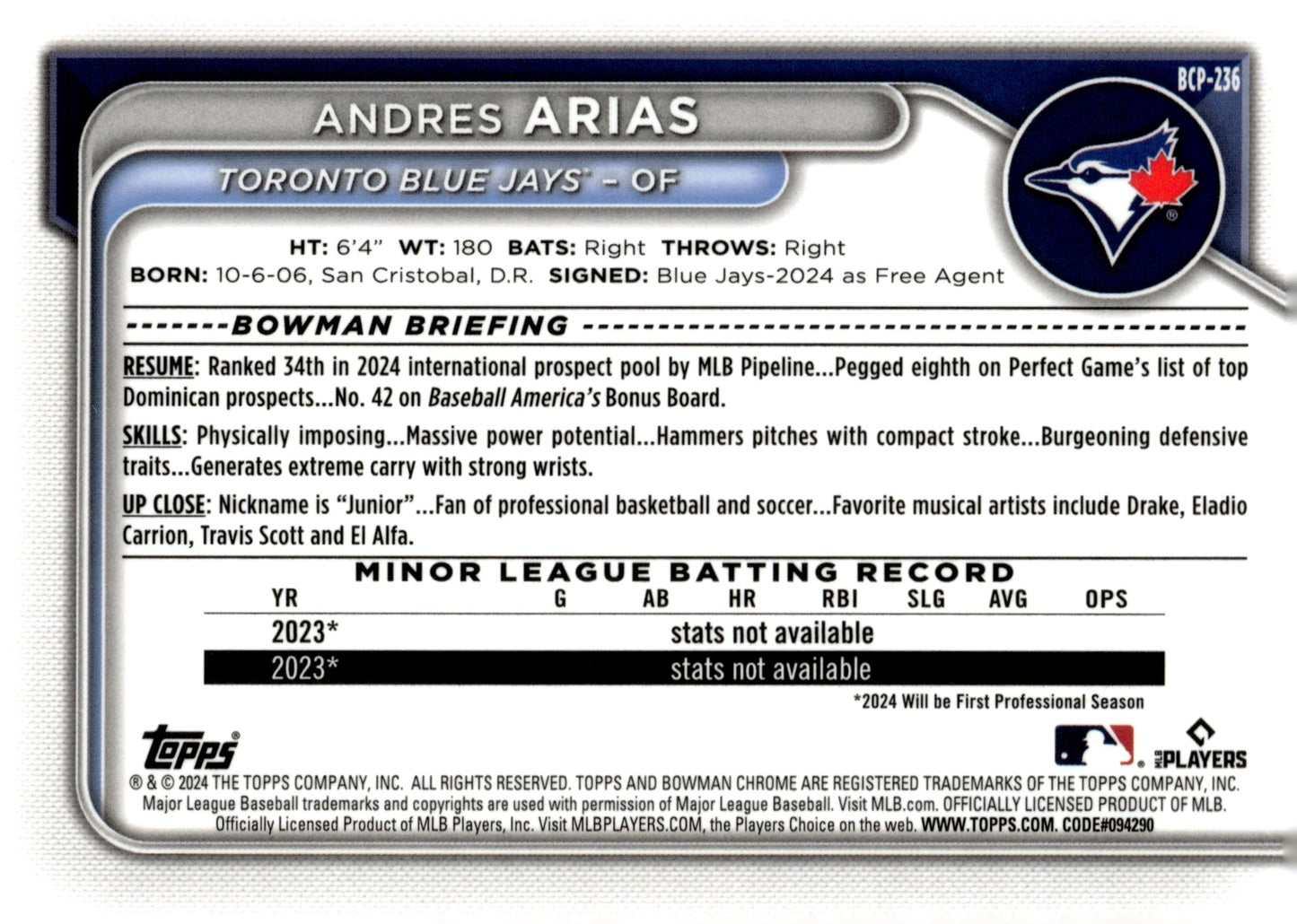 Andres Arias 2024 Bowman Chrome Mojo Refractor #BCP - 236 #4 - Collector Store LLC