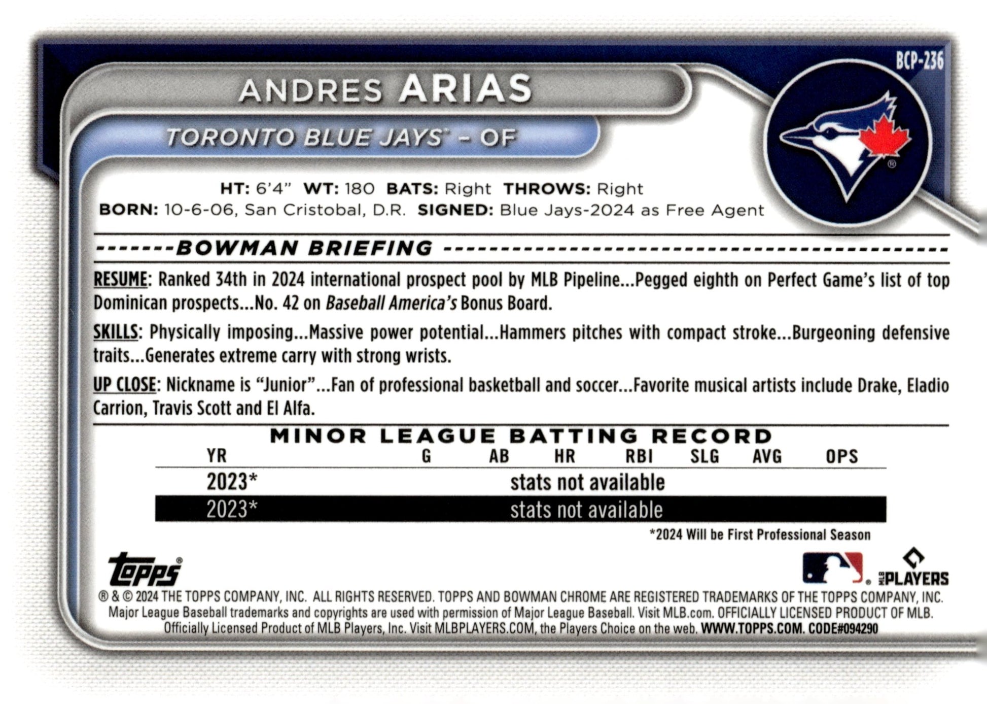 Andres Arias 2024 Bowman Chrome Mojo Refractor #BCP - 236 #4 - Collector Store LLC