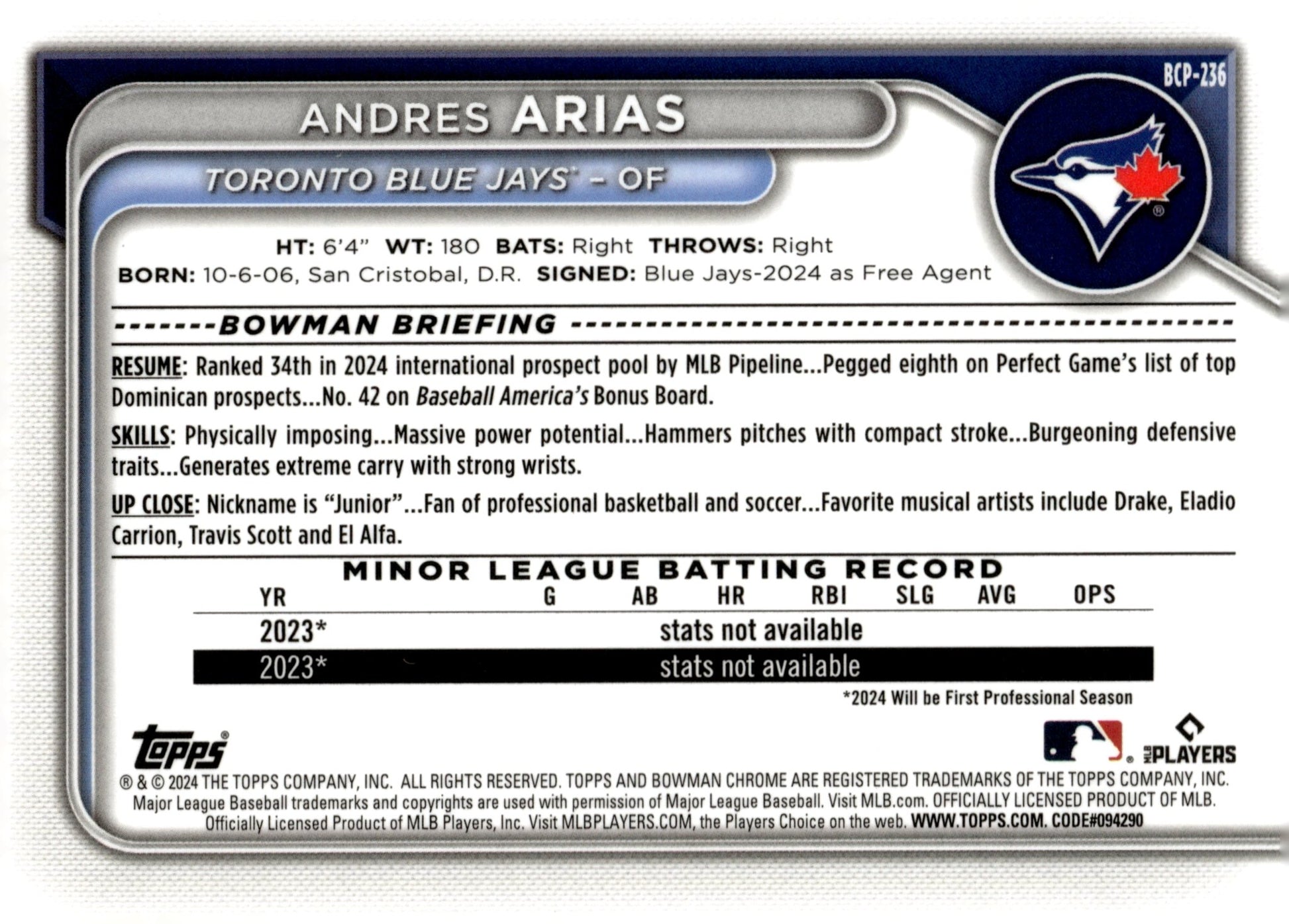 Andres Arias 2024 Bowman Chrome Mojo Refractor #BCP - 236 #5 - Collector Store LLC