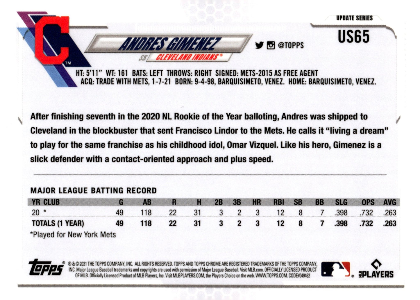 Andres Gimenez 2021 Topps Chrome Blue Ice Refractor RC #US65 - Collector Store LLC