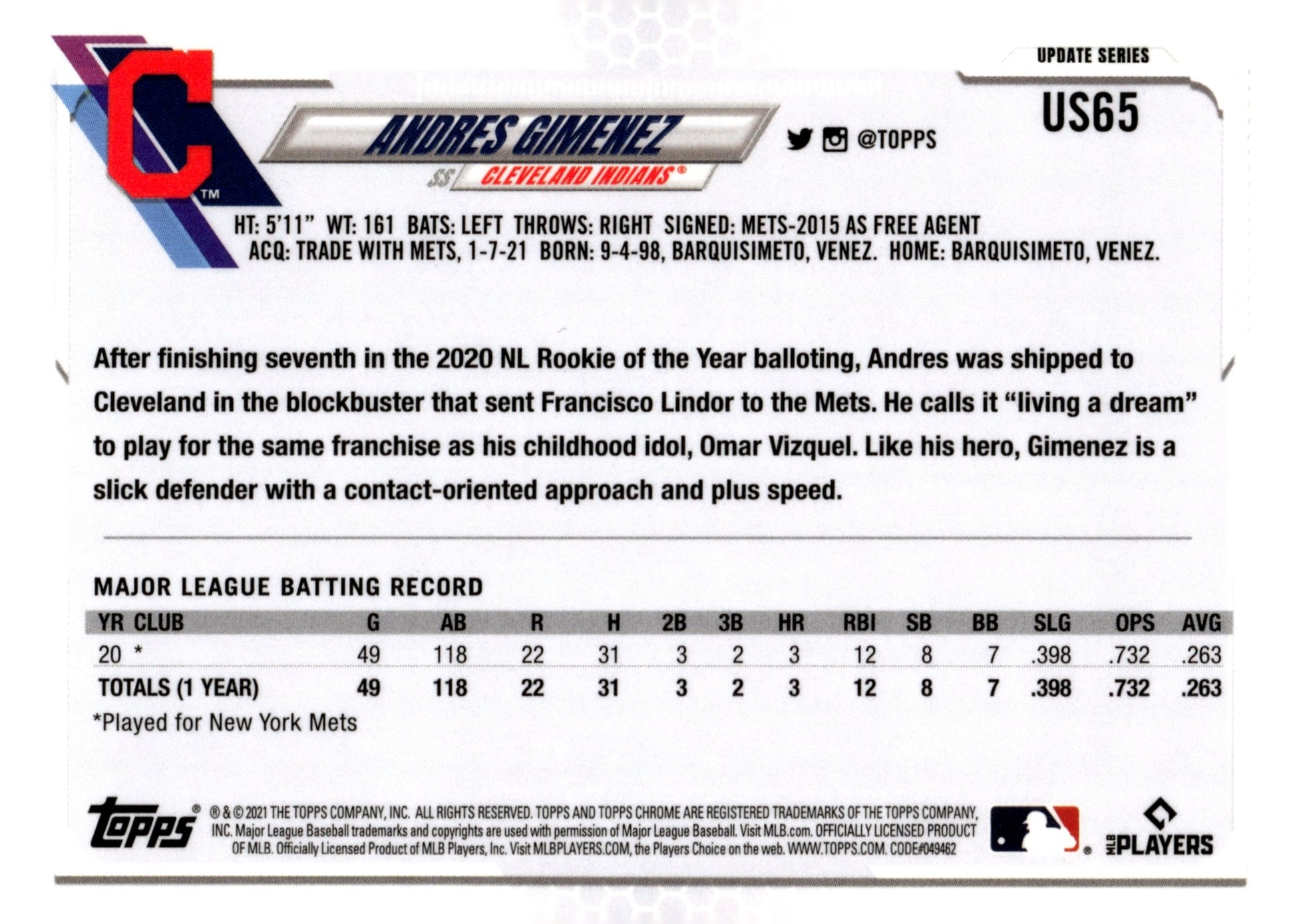 Andres Gimenez 2021 Topps Chrome Blue Ice Refractor RC #US65 - Collector Store LLC