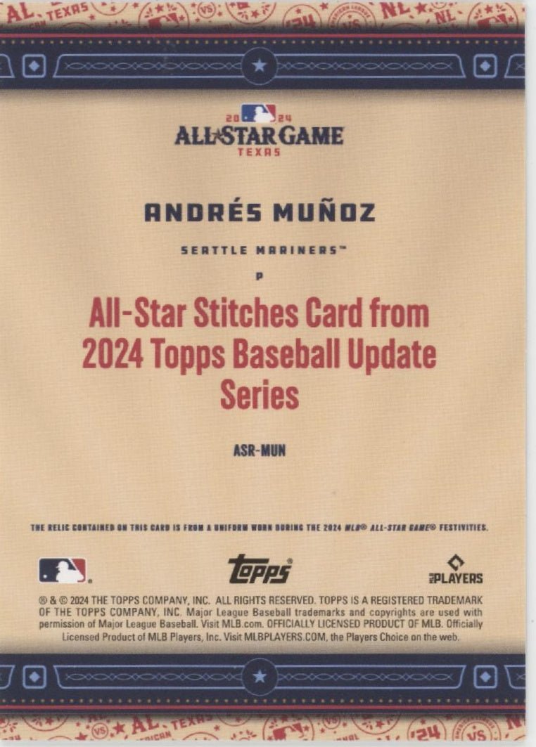 Andres Munoz 2024 Topps Update Series All Star Stitches Swatch 03/50 #ASR - MUN - Collector Store LLC