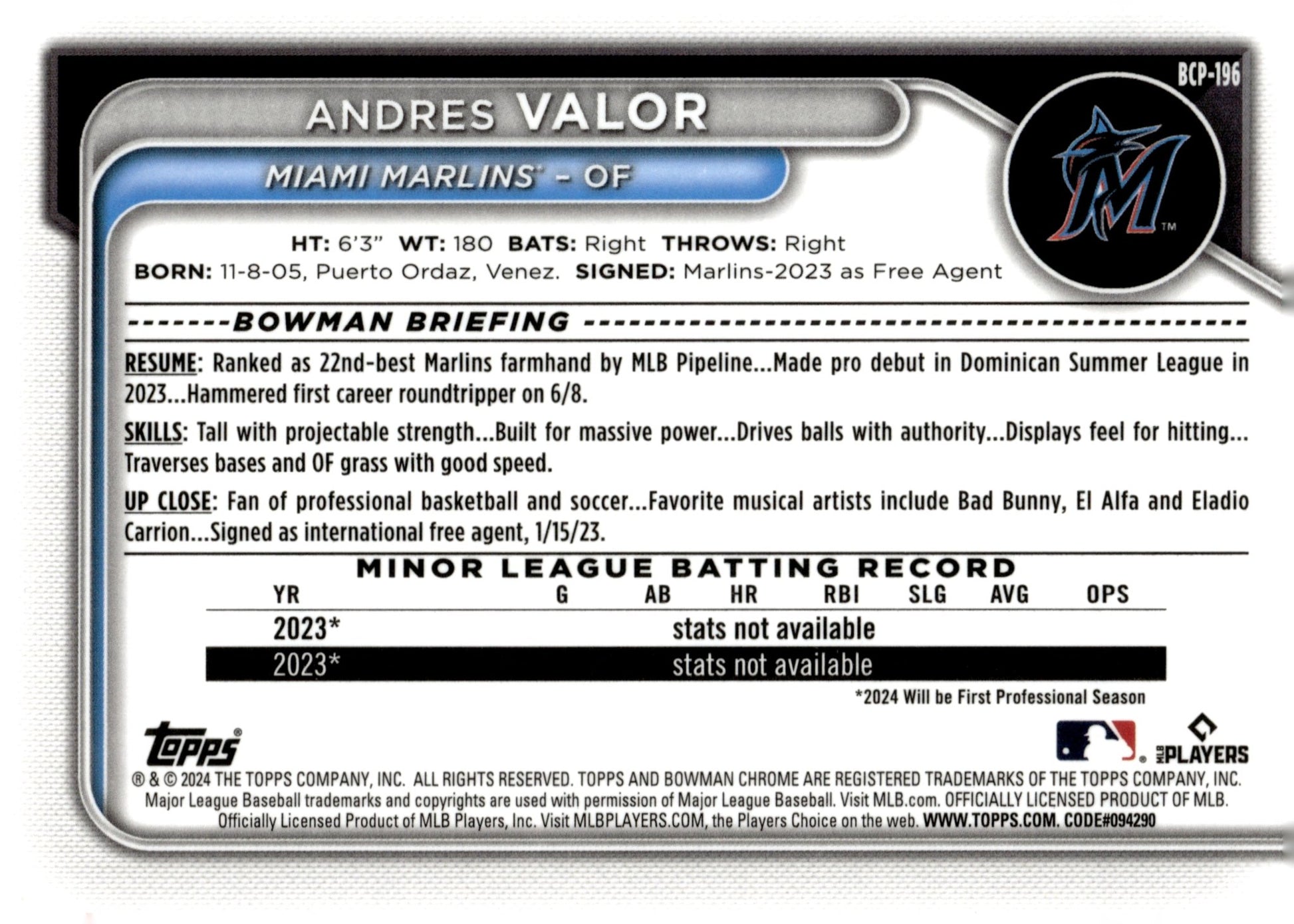 Andres Valor 2024 Bowman Chrome Mojo Refractor #BCP - 196 #3 - Collector Store LLC