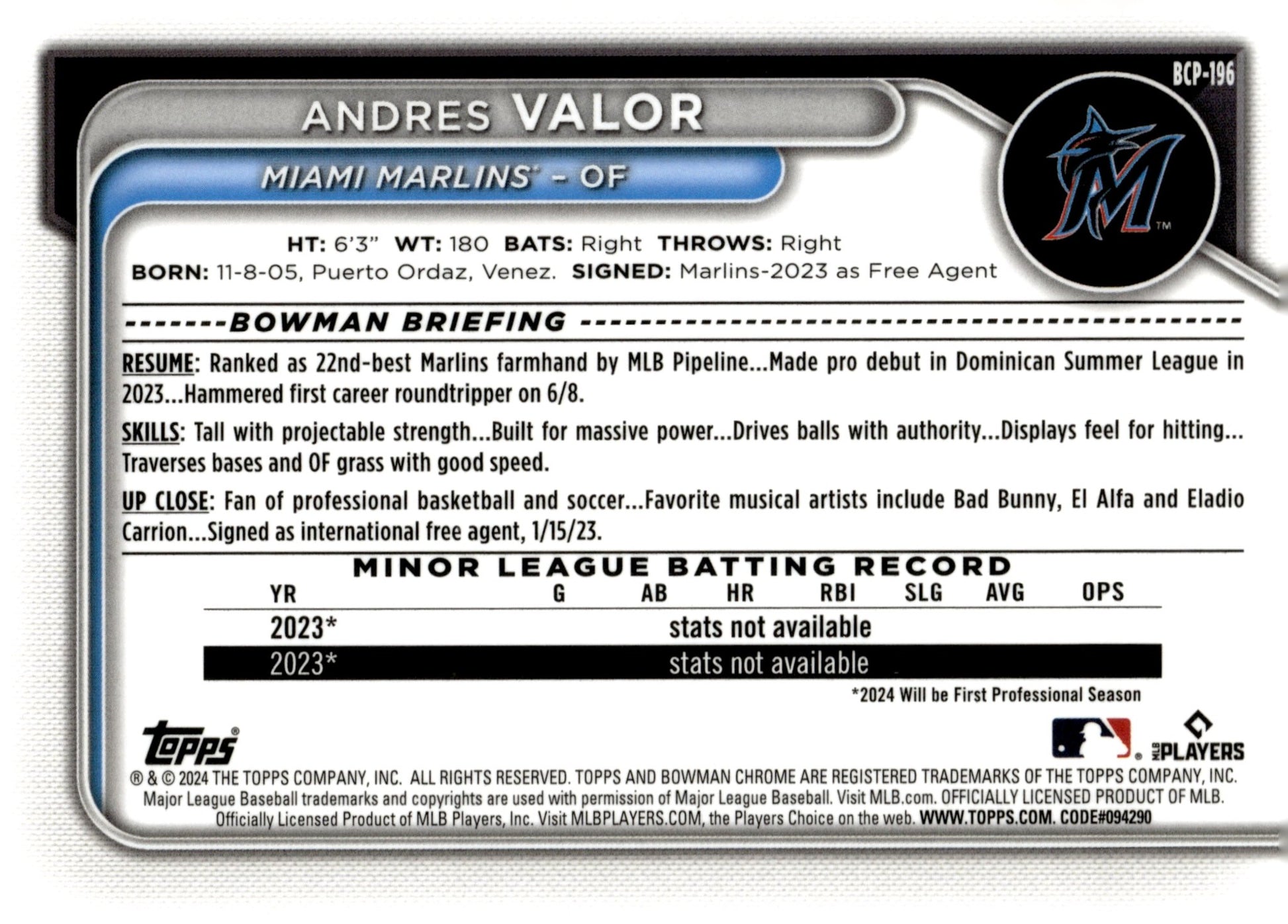 Andres Valor 2024 Bowman Chrome Mojo Refractor #BCP - 196 - Collector Store LLC