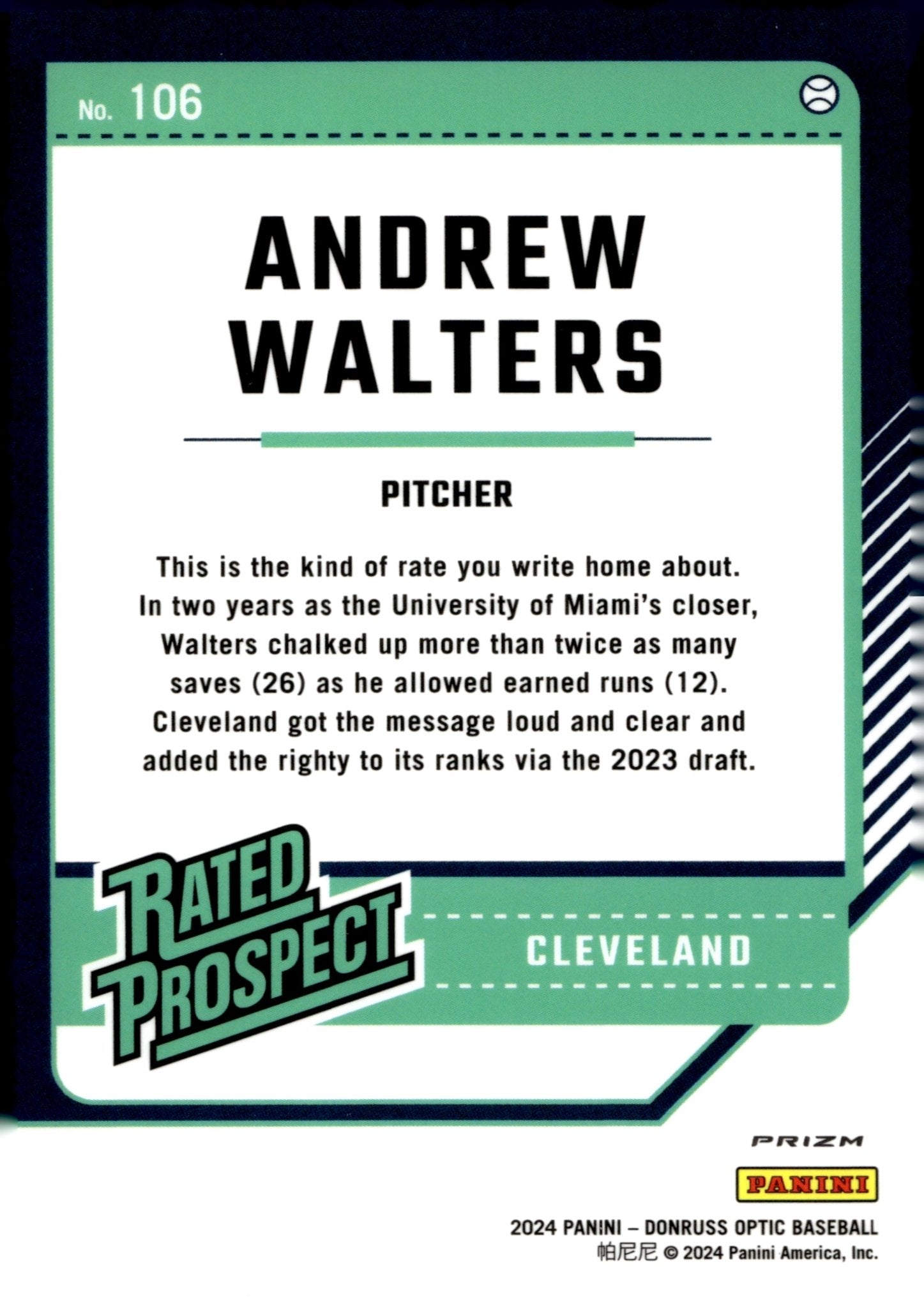 Andrew Walters 2024 Panini Donruss Optic Rated Prospect Orange Lazer Prizm #106 - Collector Store LLC
