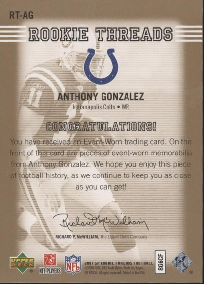 Anthony Gonzalez 2007 Upper Deck SP Rookie Threads Swatch 038/150 #RT - AG - Collector Store LLC