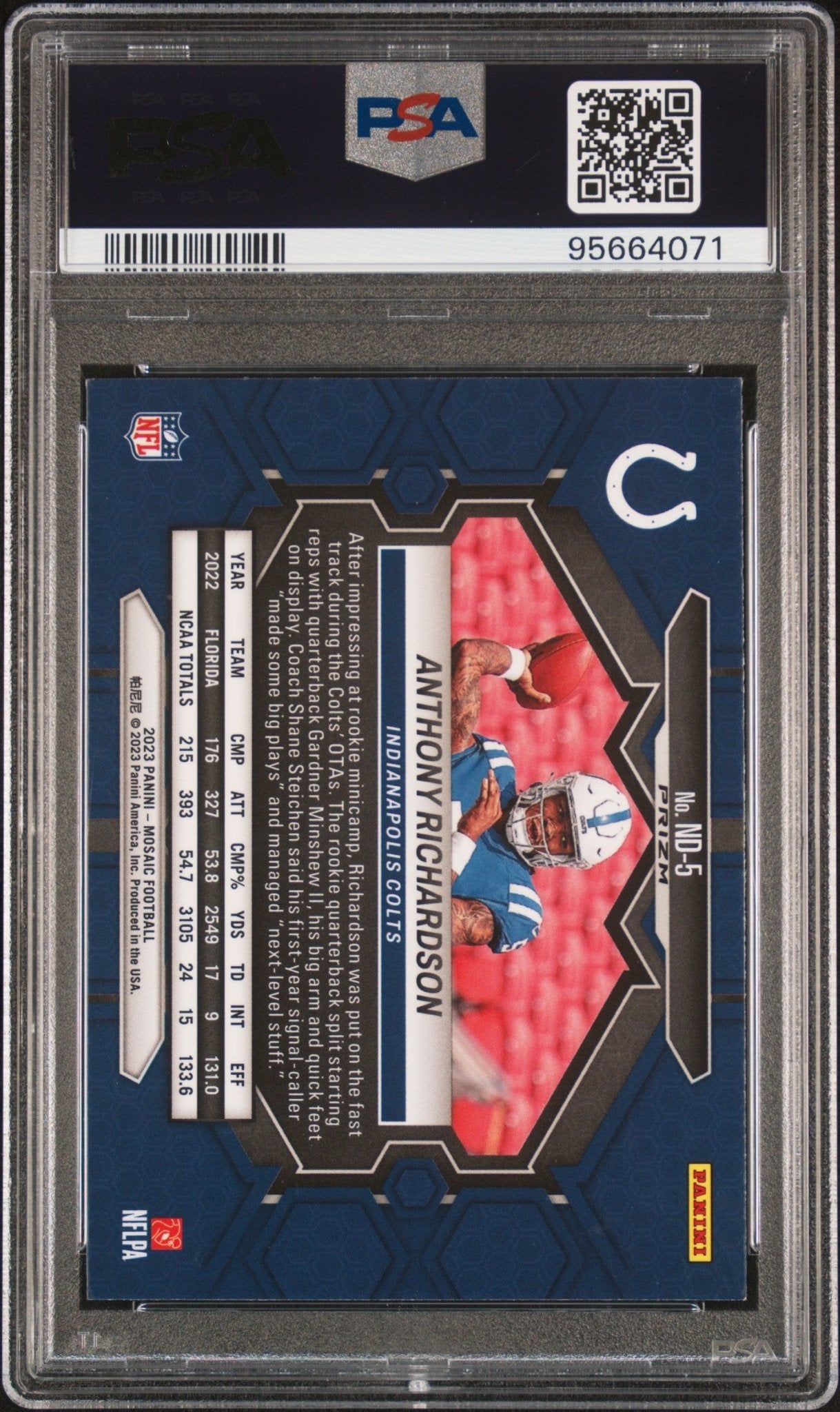 Anthony Richardson 2023 Panini Mosaic NFL Debut Reactive Blue Prizm RC #ND - 5 PSA 9 - Collector Store LLC