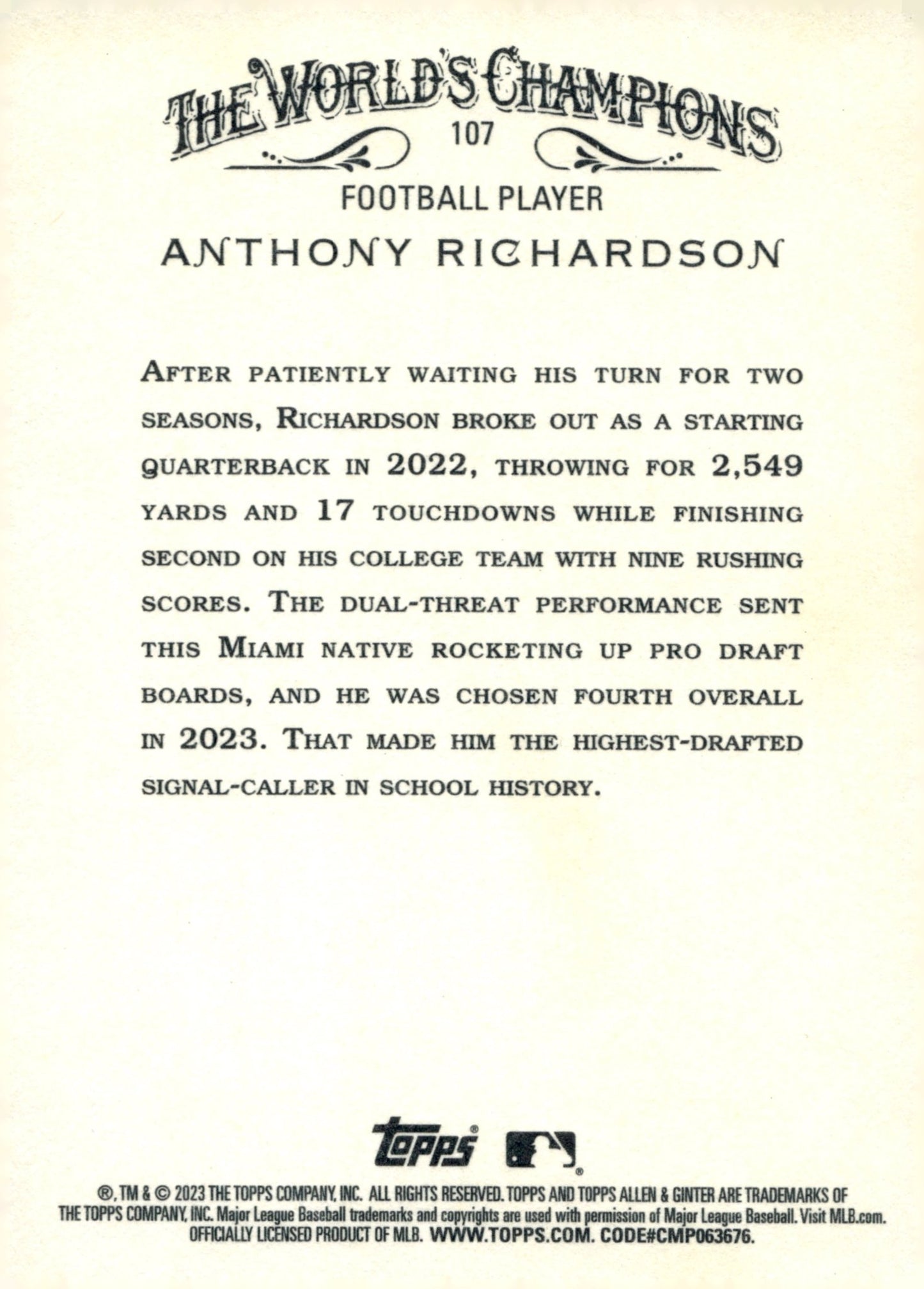 Anthony Richardson 2023 Topps Allen & Ginter RC #107 - Collector Store LLC