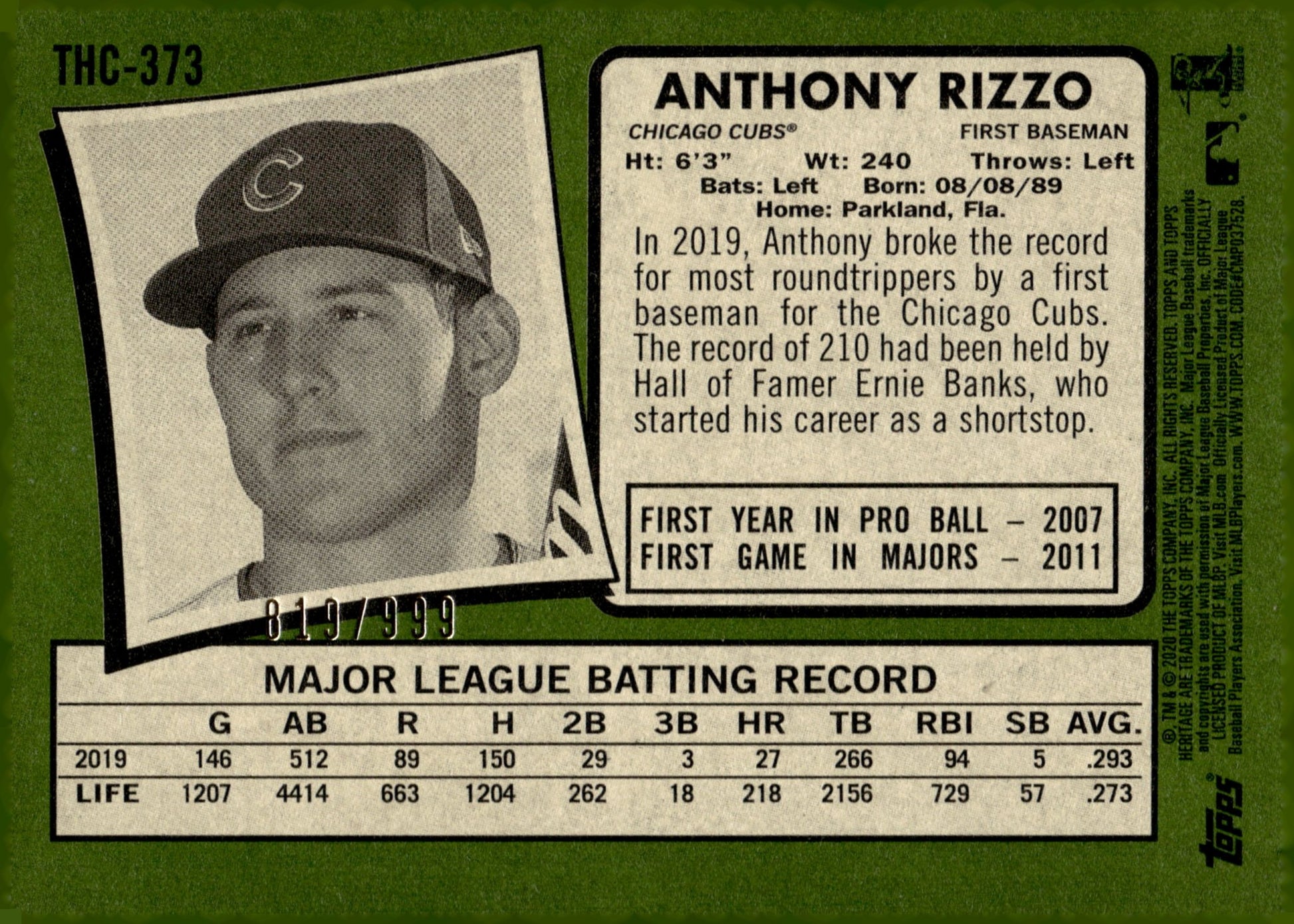 Anthony Rizzo 2020 Topps Chrome Heritage 819/999 #THC - 373 - Collector Store LLC