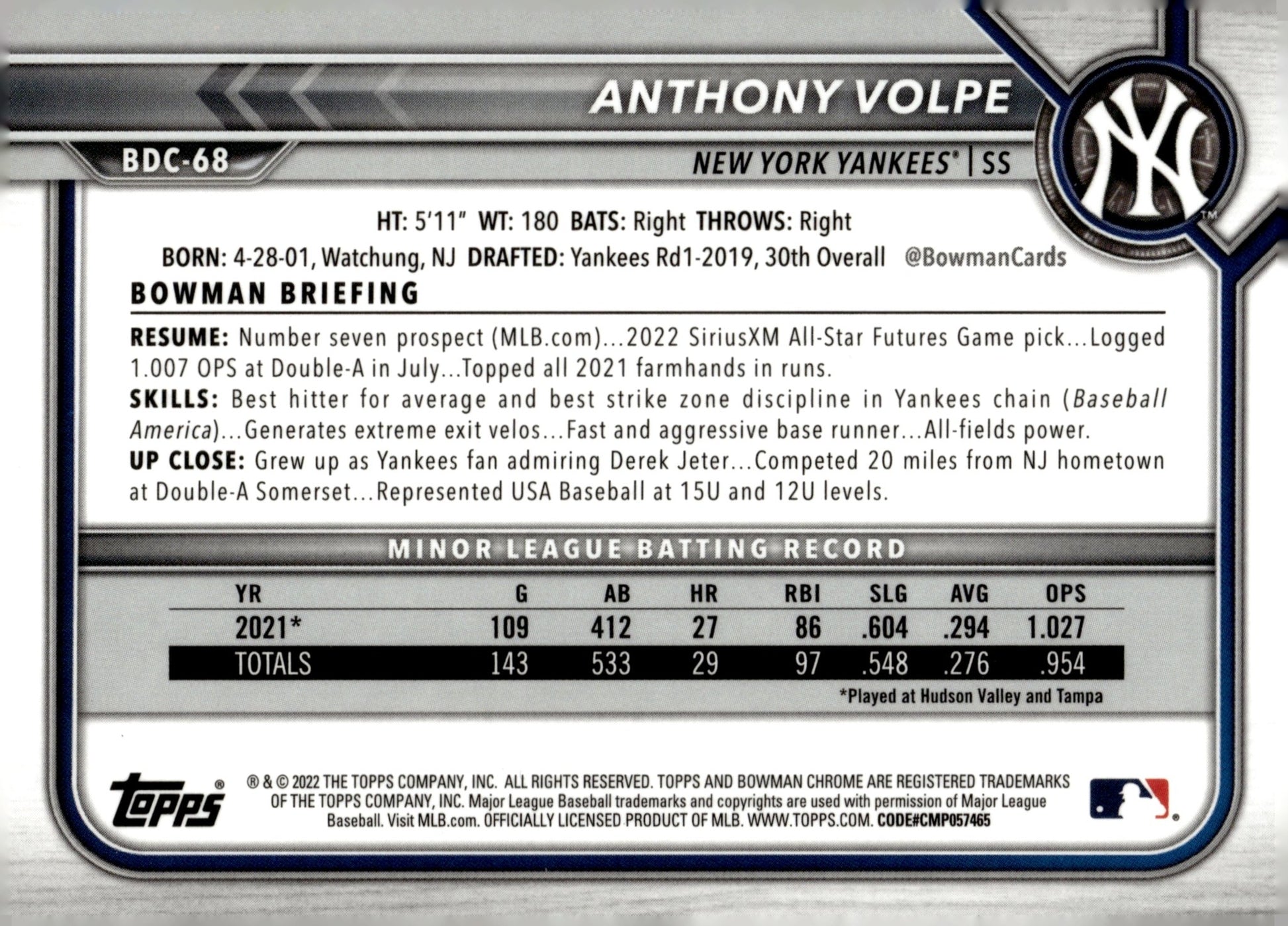 Anthony Volpe 2022 Bowman Chrome Prospects Blue Refractor #BDC - 68 - Collector Store LLC