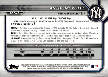 Anthony Volpe 2022 Bowman Chrome Prospects Blue Refractor #BDC - 68 - Collector Store LLC
