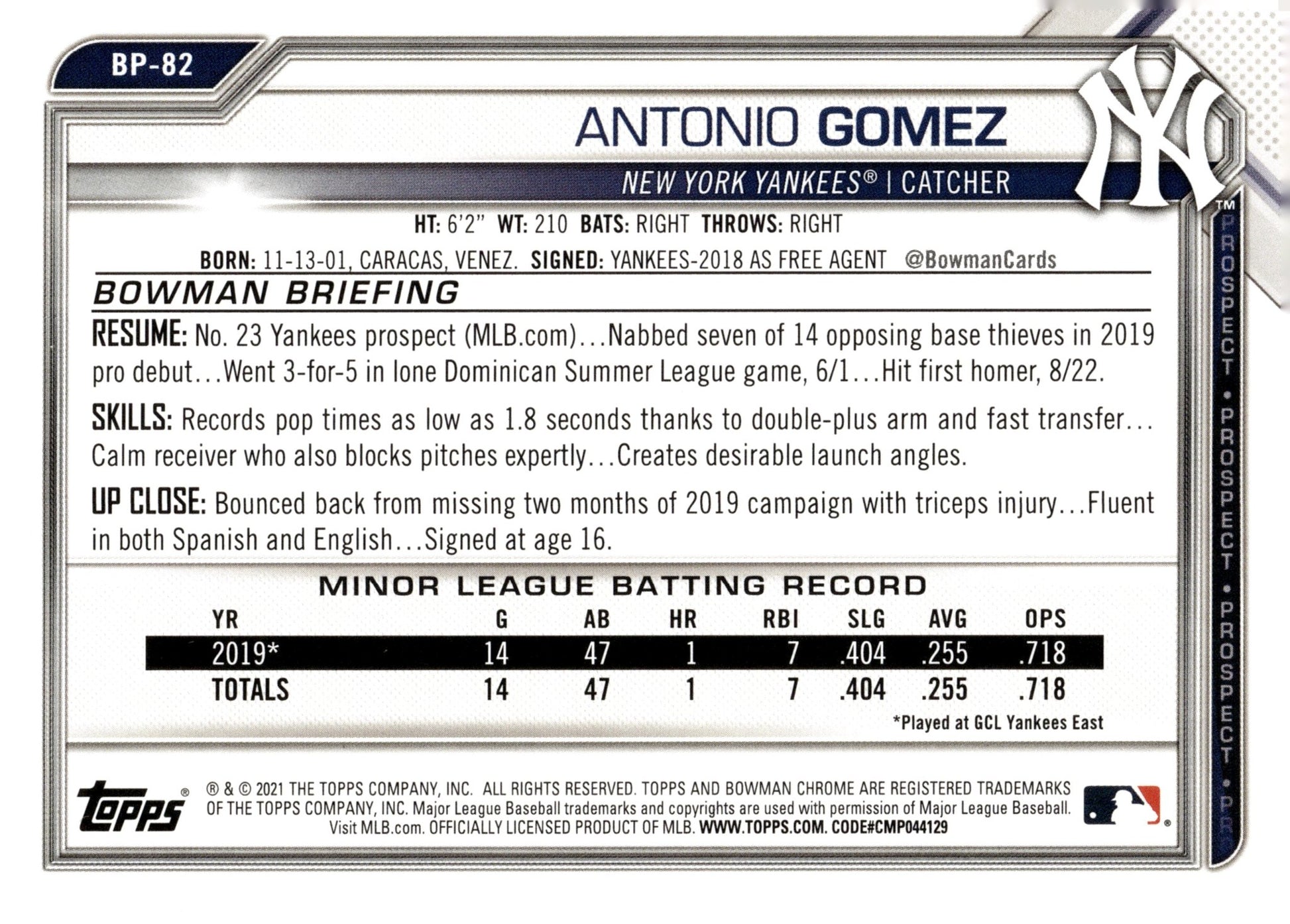 Antontio Gomez 2021 Bowman Prospect #BP - 82 - Collector Store LLC