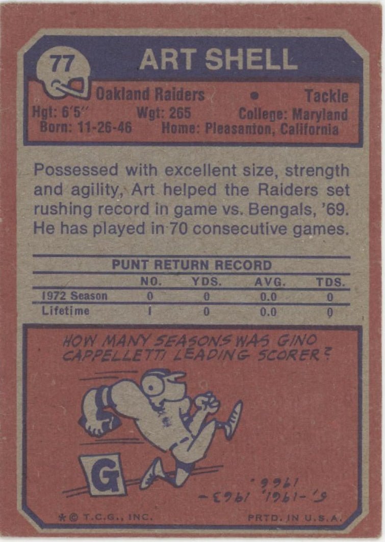 Art Shell 1973 Topps RC #77 Oakland Raiders EX #2 - Collector Store LLC
