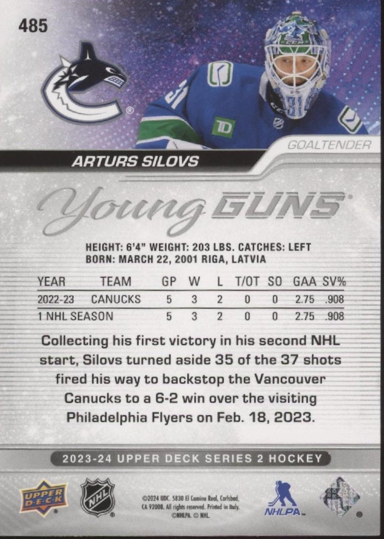 Arturs Silovs 2023 - 24 Upper Deck Series 2 Young Guns RC #485 - Collector Store LLC