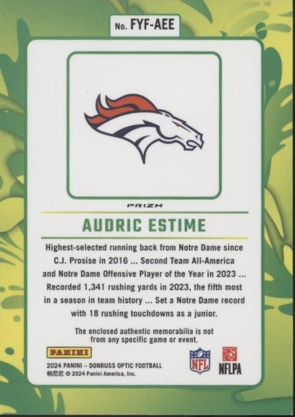 Audric Estime 2024 Panini Donruss Optic First Year Fresh Swatch Prizm RC #2 - Collector Store LLC