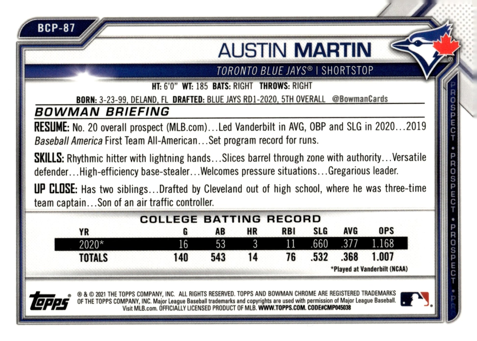 Austin Martin 2021 Bowman Chrome Prospect Blue Ice Refractor #BCP - 87 - Collector Store LLC