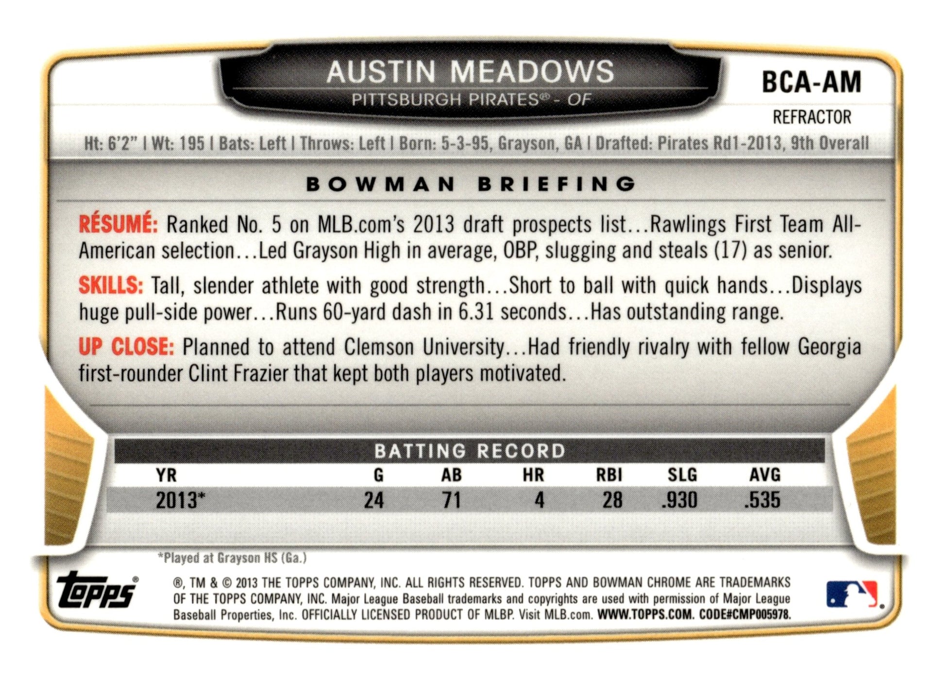 Austin Meadows 2013 Bowman Chrome Refractor Auto #BCA - AM - Collector Store LLC