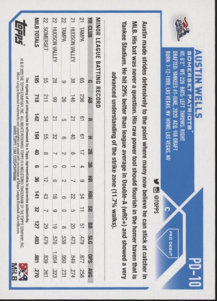 Austin Wells 2023 Topps Pro Debut Auto #PD - 10 - Collector Store LLC