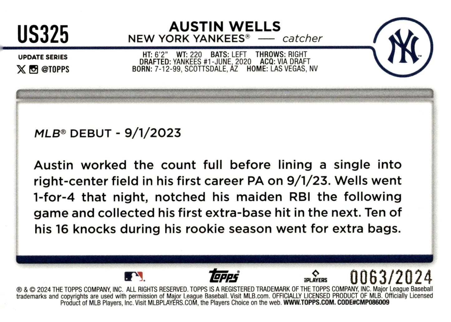 Austin Wells 2024 Topps Update Series Gold Border RC 0063/2024 #US325 - Collector Store LLC