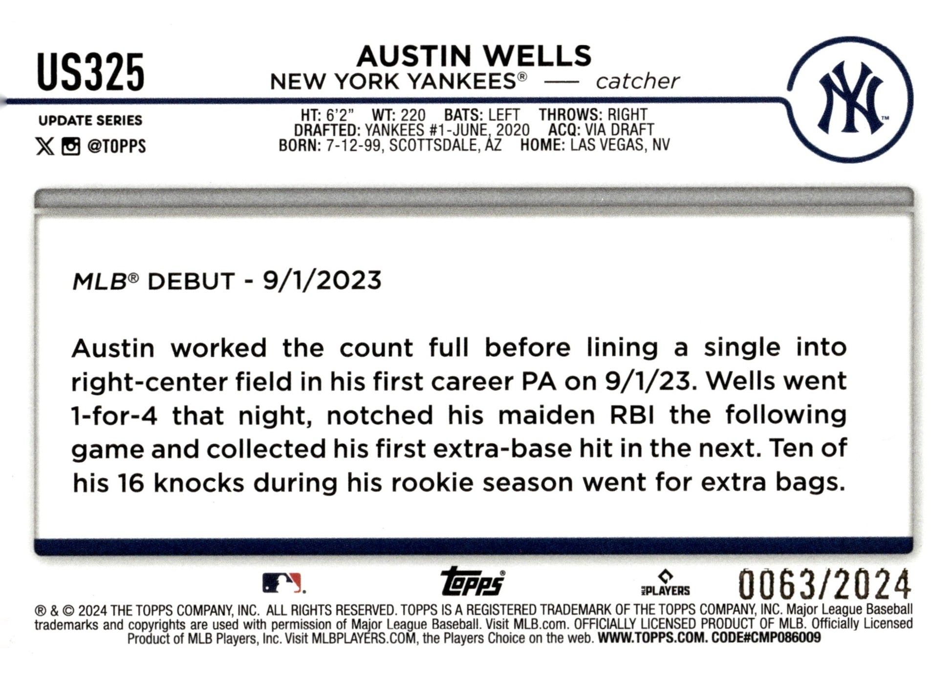 Austin Wells 2024 Topps Update Series Gold Border RC 0063/2024 #US325 - Collector Store LLC