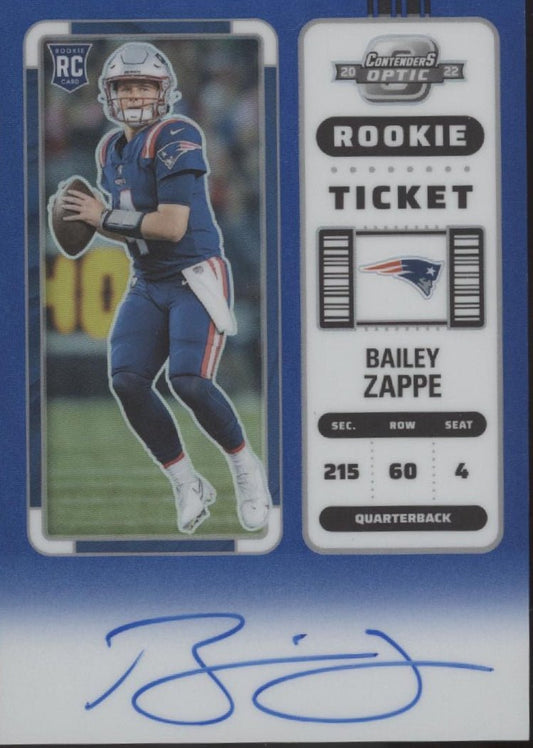 Bailey Zappe 2022 Panini Contenders Optic Rookie Ticket Blue Prizm RC Auto 56/75 - Collector Store LLC