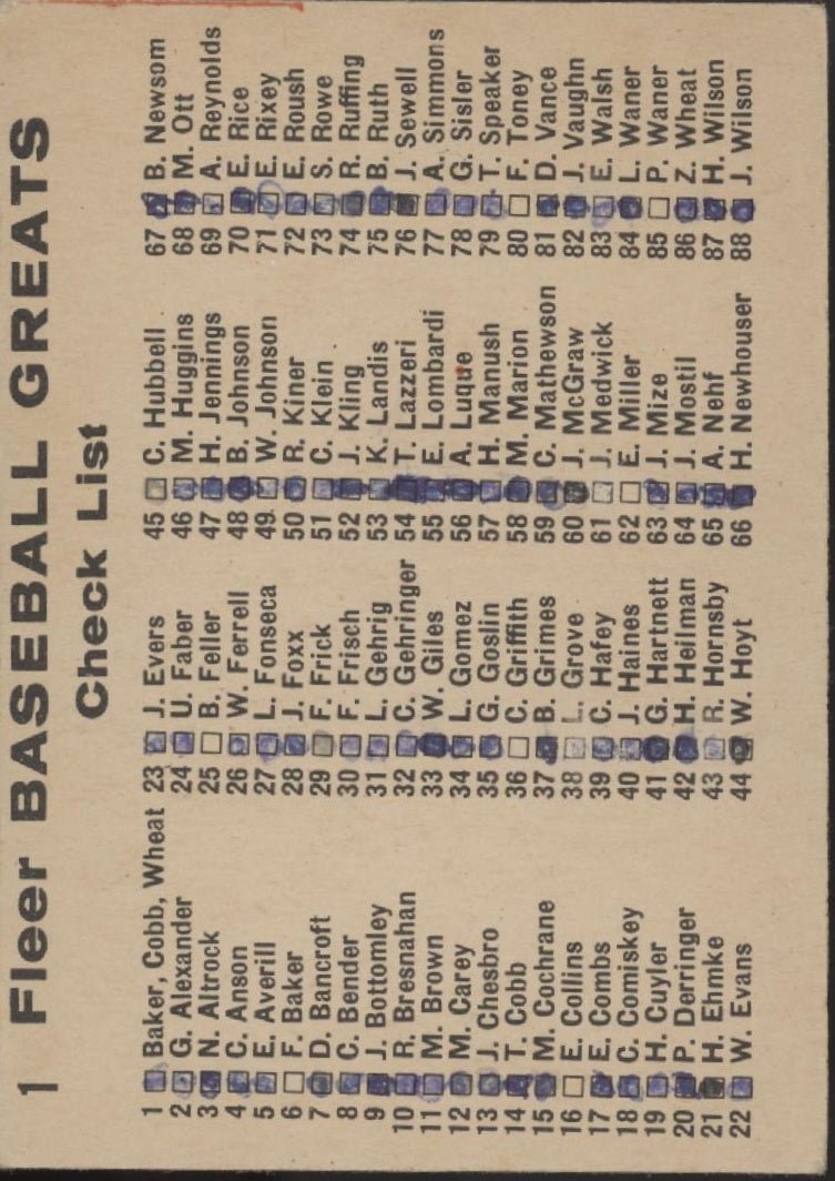 Baker / Cobb / Wheat 1961 Fleer Baseball Greats #1 VG Marked - Collector Store LLC