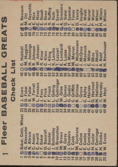 Baker / Cobb / Wheat 1961 Fleer Baseball Greats #1 VG Marked - Collector Store LLC