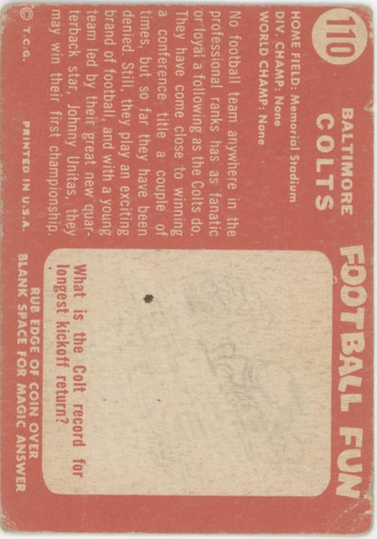 Baltimore Colts 1958 Topps Team Card #110 VG #1 - Collector Store LLC