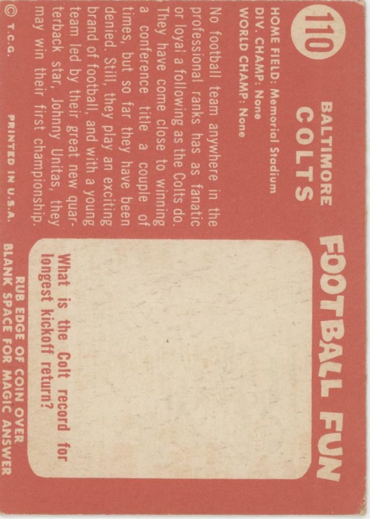 Baltimore Colts 1958 Topps Team Card #110 VG #2 - Collector Store LLC