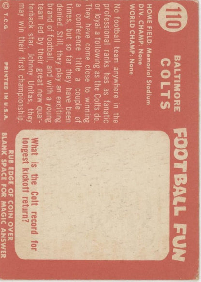 Baltimore Colts 1958 Topps Team Card #110 VG #2 - Collector Store LLC