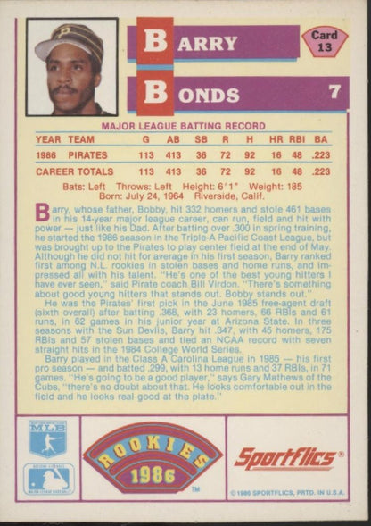 Barry Bonds 1986 Sportflics RC #13 - Collector Store LLC