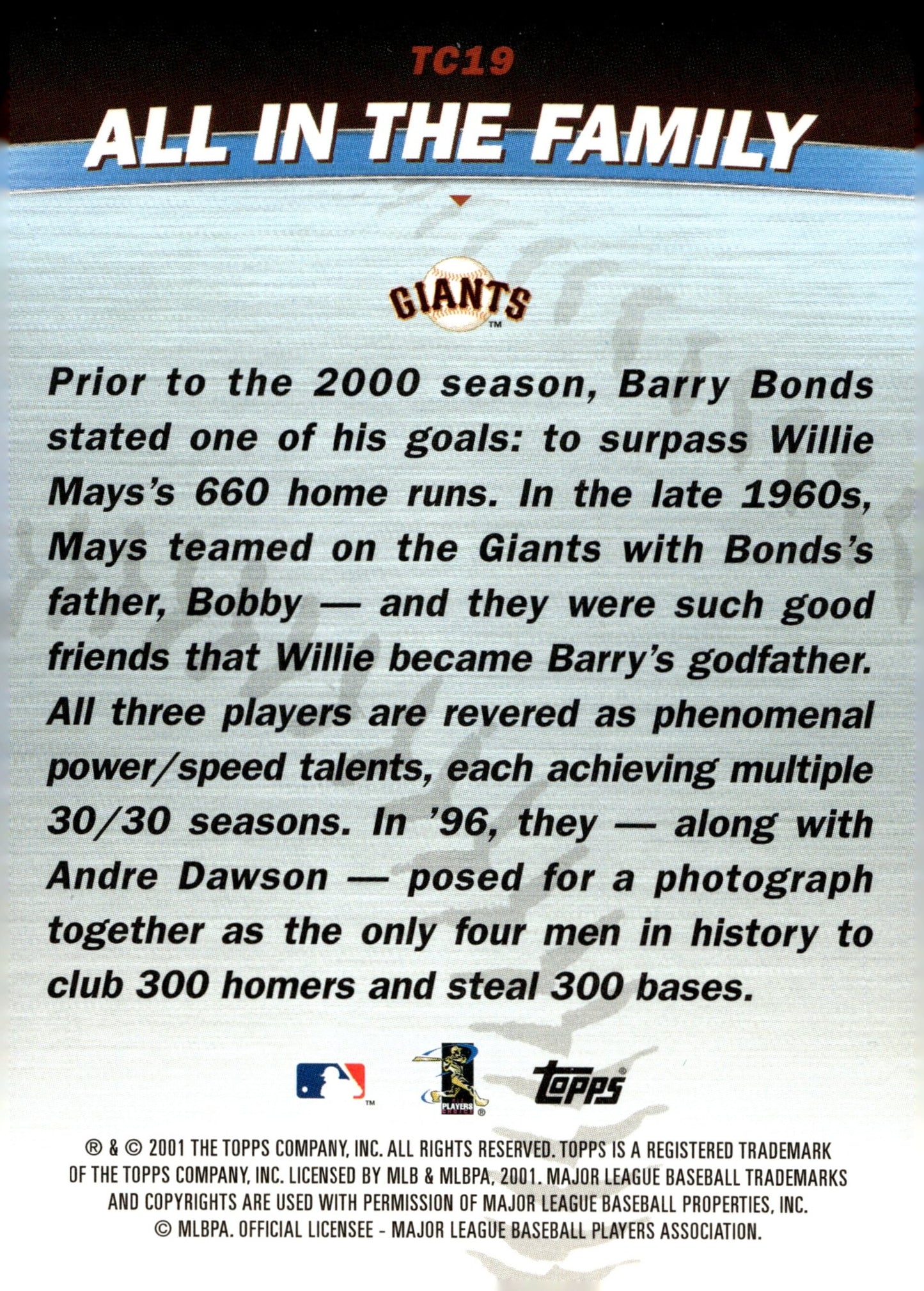 Barry Bonds / Willie Mays 2001 Topps All in the Family #TC19 - Collector Store LLC
