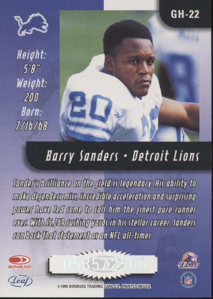 Barry Sanders 1999 Leaf Rookies & Stars Greatest Hits #GH - 22 - Collector Store LLC