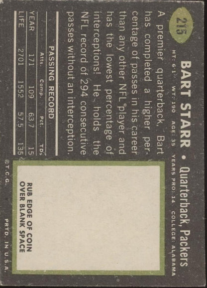 Bart Star 1969 Topps #215 Green Bay Packers VG - EX - Collector Store LLC