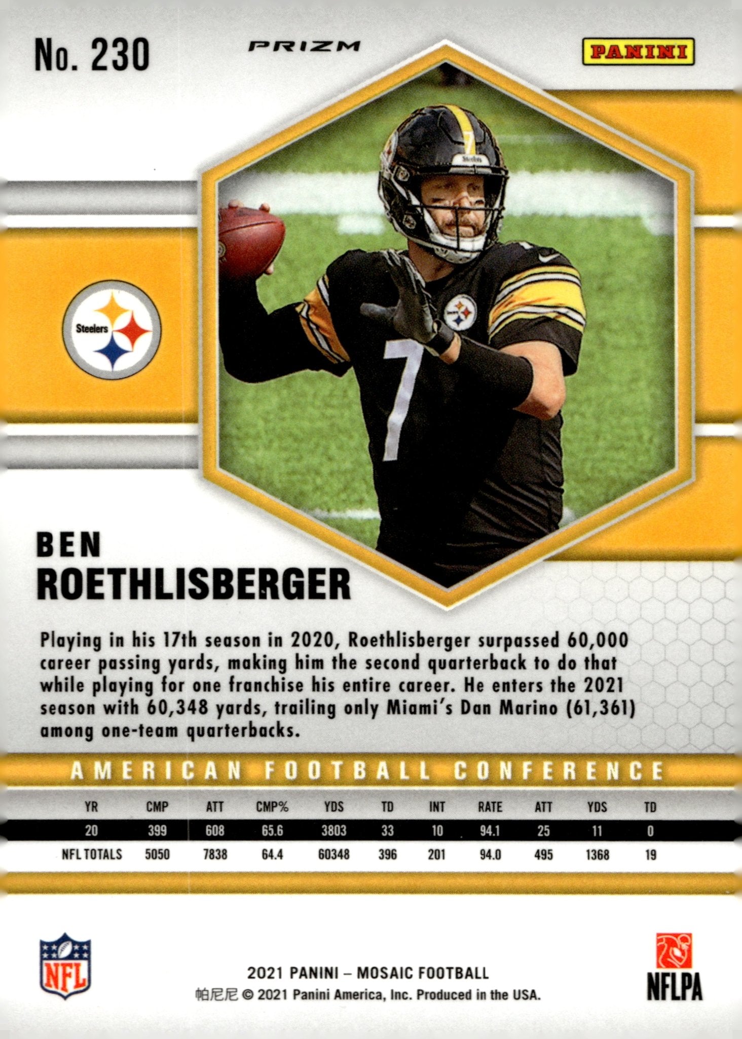 Ben Roethlisberger 2021 Panini Mosaic AFC Pink Camo Prizm #230 - Collector Store LLC
