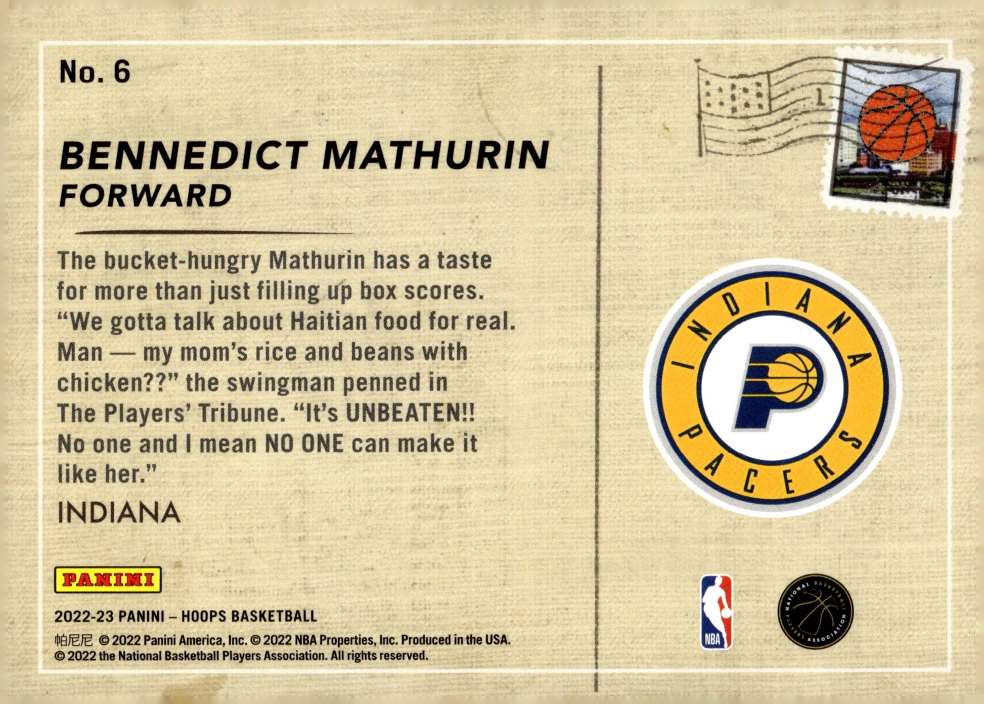 Bennedict Mathurin 2022 - 23 Panini Hoops Greetings From Indiana RC #6 - Collector Store LLC