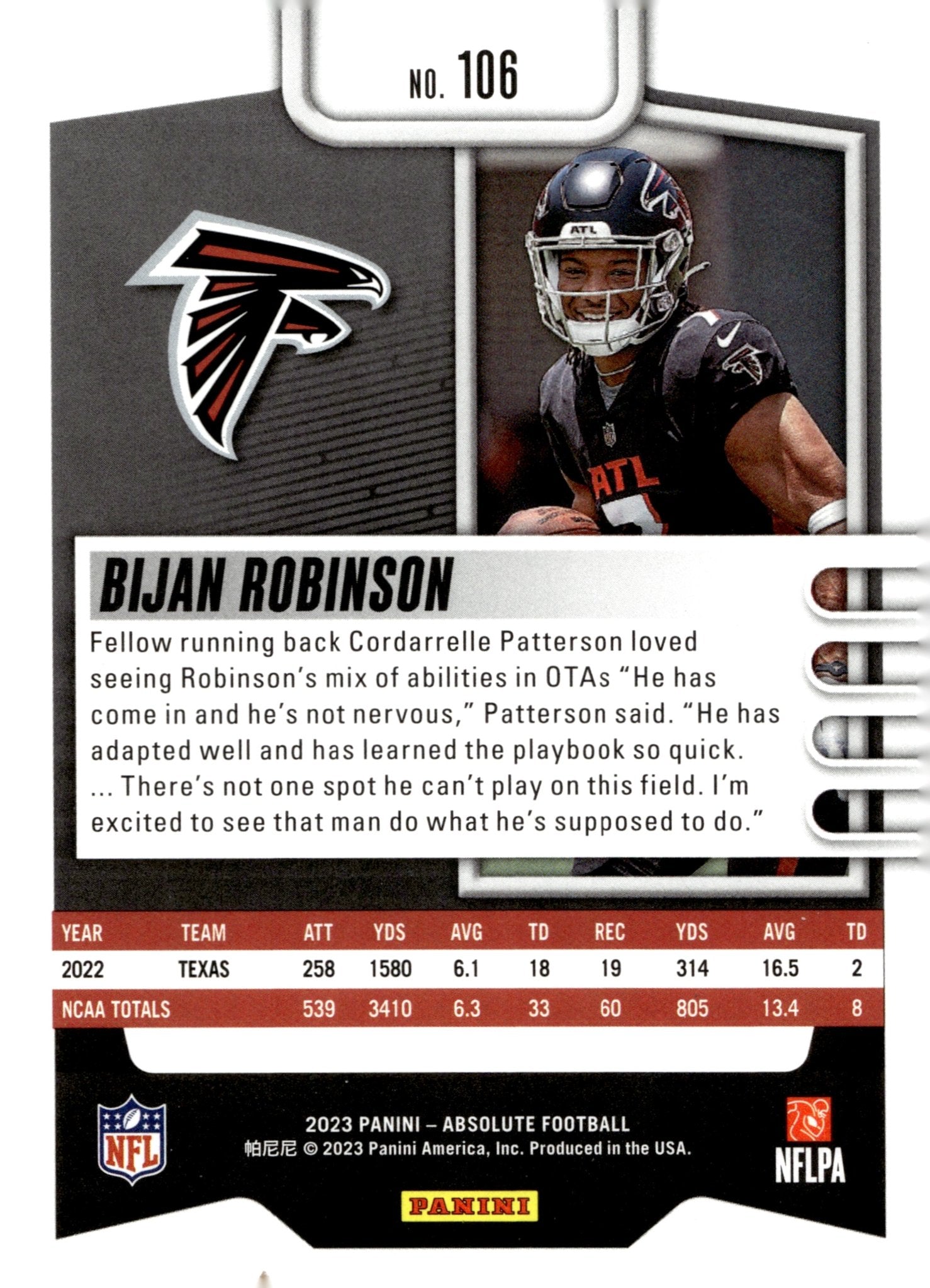 Bijan Robinson 2023 Panini Absolute RC #106 - Collector Store LLC
