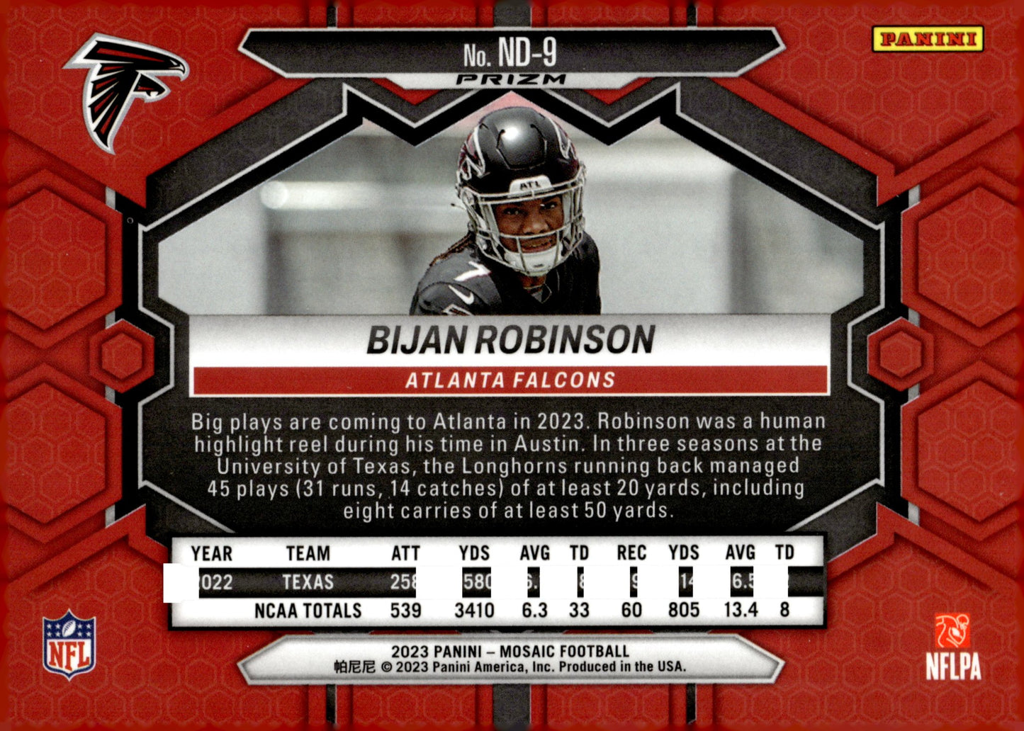 Bijan Robinson 2023 Panini Mosaic NFL Debut Prizm RC #ND - 9 - Collector Store LLC