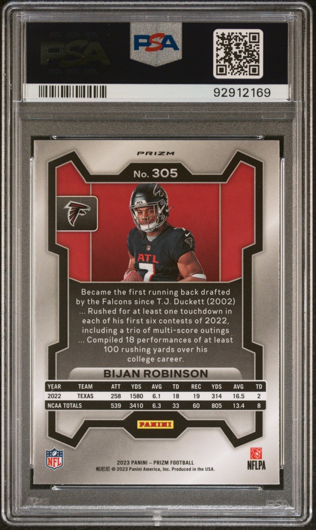 Bijan Robinson 2023 Panini Prizm Variation No Huddle Prizm RC #305 PSA 10 - Collector Store LLC