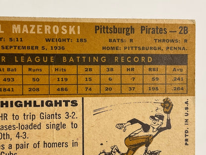 Bill Mazeroski 1960 Topps #55 Pittsburgh Pirates VG - EX #2 - Collector Store LLC