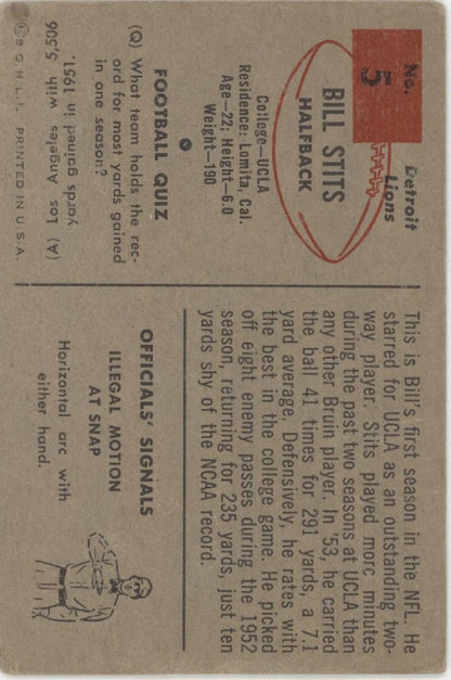 Bill Stits 1954 Bowman RC #5 Detroit Lions VG - Collector Store LLC